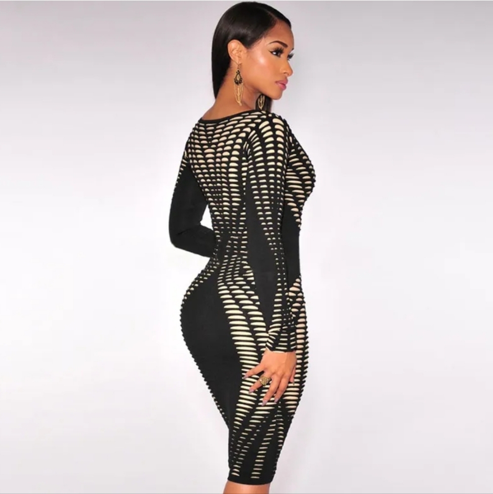 Bodycon, lace cut print, black/nude, large